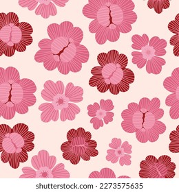 Retro floral seamless pattern. Abstract groovy daisy flower on light pink background. Vector Illustration. Aesthetic modern art for wallpaper, design, textile, packaging, decor.