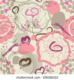 Retro floral seamless pattern with birds