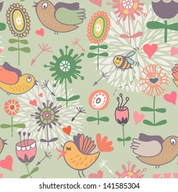 Retro floral seamless pattern with a birds and a flowers.
