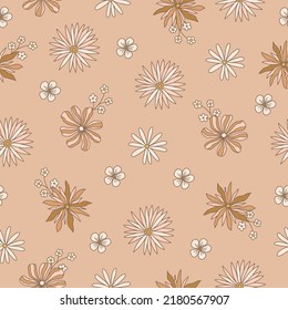 Retro floral seamless pattern with boho groovy flowers. Vector illustration.