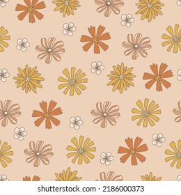 Patrón retro floral sin costura con flores boho groovy. Ilustración vectorial.