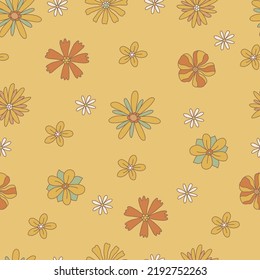 Retro floral seamless pattern with boho groovy flowers. Vector illustration.