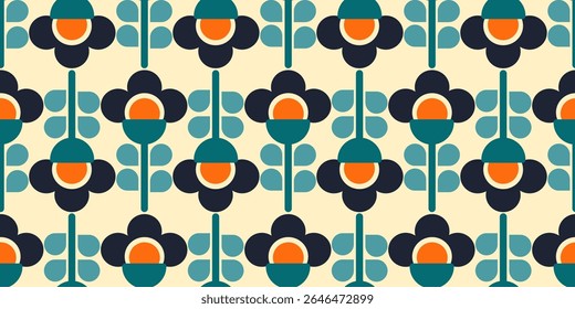 Retro floral seamless pattern with bold colors for fabric, wallpapers, wrapping paper, and home decor