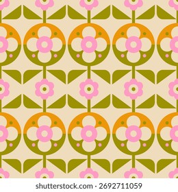 Modelo inconsútil floral retro con las flores geométricas audaces. El diseño boho inspirado en Antiguas de los años 70 crea una sensación vintage nostálgica. Perfecto para Fondo de pantalla, tela, papel de regalo o fondos digitales.