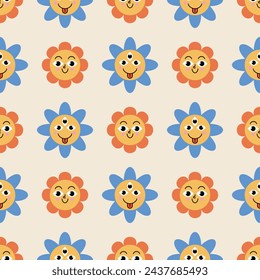 Patrón sin costuras floral retro con flores de dibujos animados. Ilustración de vector