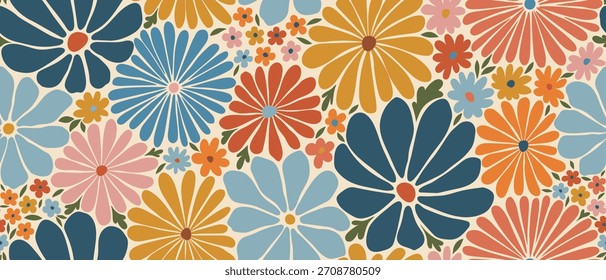 Modelo inconsútil floral retro con las flores coloridas. Fondo estético groovy de Antiguas para diseño textil, impresión de tela y Fondo de pantalla. Ilustración vectorial de poder de flor sucia