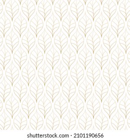 Retro floral seamless pattern. Contour linear leaves of gold on white background. Vintage backdrop in art deco style for textile and paper design