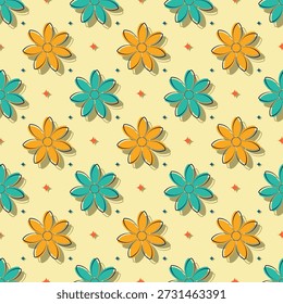 Retro floral seamless pattern featuring vibrant orange and teal blossoms on a pastel background, ideal for design