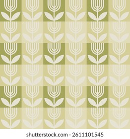 Retro Floral Seamless Pattern in Green Tones – Mid-Century Modern Style