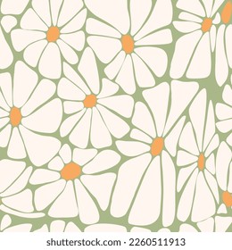 Retro floral seamless pattern with Groovy Daisy Flower daisies on green background. Vector Illustration. Abstract Aesthetic Modern Art for wallpaper, design, textile, packaging, decor.