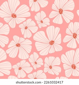 Retro florales nahtloses Muster mit Groovy Daisy Flower auf rosafarbenem Hintergrund. Vektorgrafik. Ästhetische Moderne Kunst, handgezeichnet für Tapeten, Design, Textilien, Verpackung, Dekoration