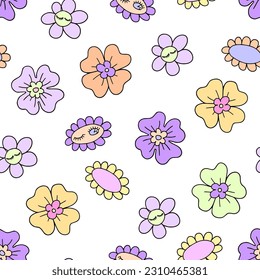 Retro floral seamless pattern with Groovy Daisy flower daisies on white background. Vector illustration. Abstract aesthetic modern art for wallpaper, design, textile, packaging, decor.