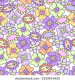 Retro floral seamless pattern with Groovy Daisy flower daisies. Vector illustration. Abstract aesthetic modern art for wallpaper, design, textile, packaging, decor.