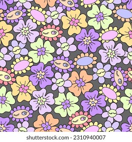 Retro floral seamless pattern with Groovy Daisy flower daisies on dark grey background. Vector illustration. Abstract aesthetic modern art for wallpaper, design, textile, packaging, decor.