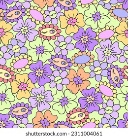 Retro floral seamless pattern with Groovy Daisy flowers. Vector illustration. Abstract modern art for wallpaper, design, textile, packaging, decor.