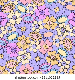  Patrón retro floral sin fisuras con flores Groovy Daisy. Ilustración vectorial. Resumen arte estético moderno para papel pintado, diseño, textil, embalaje, decoración.