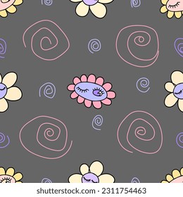 Retro floral seamless pattern with Groovy Daisy flower daisies on grey background. Vector illustration. 