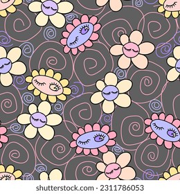  Retro floral seamless pattern with Groovy Daisy flower daisies on grey background. Vector illustration. Abstract aesthetic modern art for wallpaper, design, textile, packaging, decor.
