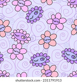 Retro floral seamless pattern with Groovy Daisy flower daisies on pink background. Vector illustration. Abstract modern art for wallpaper, design, textile, packaging, decor.