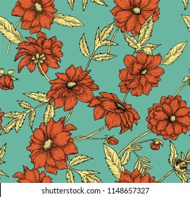 Retro floral seamless pattern with hand drawn dahlias. Bright red flowers with yellow leaves on blue background.