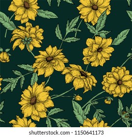 Retro floral seamless pattern with hand drawn dahlias. Yellow flowers on dark green background.