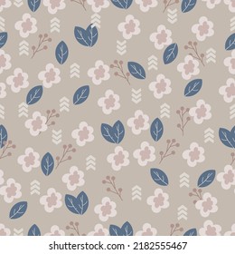 Retro floral seamless pattern. Hand drawn graphic design on a light brown  background. Elegant stylish vector illustration. Textile repeat pattern, nursery fabric, surface pattern.
