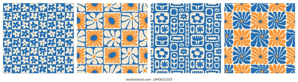 Retro floral seamless pattern illustration set. Vintage style hippie flower background design collection. Geometric checkered wallpaper print, spring season nature backdrop texture with daisy flowers.