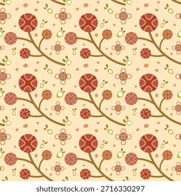 Patrón floral retro sin fisuras inspirado en el diseño moderno de mediados de siglo. Abstractas Formas botánicas y geométricas en cálidos tonos terrosos. Perfecto para la decoración del hogar, impresiones de tela, ropa, Fondo de pantalla y productos de uso diario. Estilo vintage atemporal con una moderna estética escandinava y boho.