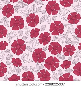 Retro floral seamless pattern with magenta groovy flower on pink background. Vector Illustration. Aesthetic modern art hand drawn for wallpaper, design, textile, packaging, decor