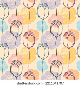 Retro floral seamless pattern. Pastel roses and tulips design