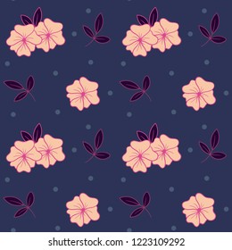 Retro floral seamless pattern. Pink blooming flowers and dark leaves on dark blue background
