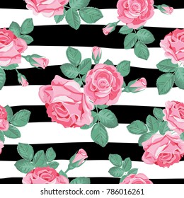 Retro floral seamless pattern. Pink roses with leaves on black and white striped background. Vector illustration.