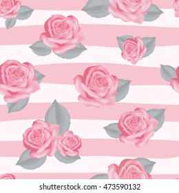 Retro floral seamless pattern. Roses with leaves on pink and white striped background. Vector illustration.