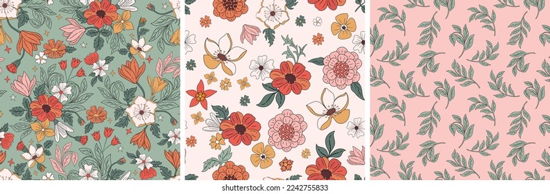 Retro floral seamless pattern set of 3. Boho background with botanical elements like flowers, leaves and buds. Warm summer retro colors flower bouquet surface design print.