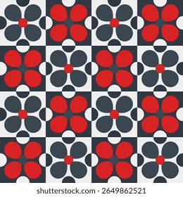 Modelo inconsútil floral retro en rosa suave, beige, con flores estilizadas y fondos a cuadros. Un diseño de repetición inspirado en los años 60 vintage perfecto para textiles o estampados decorativos.