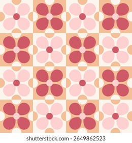Retro floral seamless pattern in soft pink, beige, featuring stylized flowers and checkered backgrounds. A vintage 60s inspired repeating design perfect for textiles, or decorative prints.