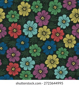 Padrão sem emenda floral retrô com textura - Vintage inspirado impressão botânica