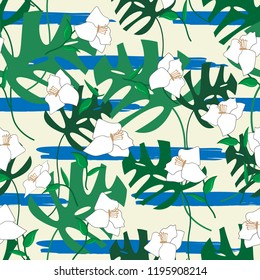 Retro floral seamless pattern, tropical leaves and flowers on striped background. For  fabric ,wallpaper, wrapping paper, cover.  vector illustration