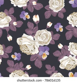 Retro floral seamless pattern. White roses with violet leaves, pansies on dark background. Vector illustration.