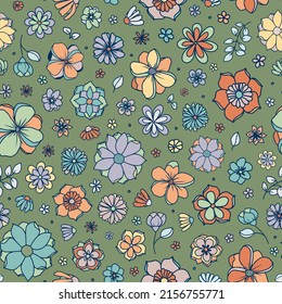 Retro floral seamless repeat pattern. Random placed, vector 70s hippie flowers all over print on sage green background.