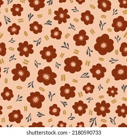 Retro floral seamless repeat pattern. Random placed, vector flower heads, stroke lines and botany elements all over surface print on beige background.