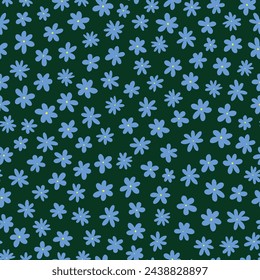 Retro floral seamless repeat pattern. Random placed, vector botanical aop all over surface print on dark green background.