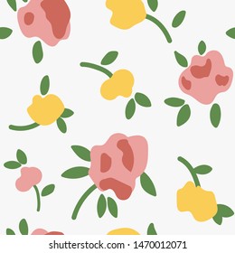 Retro floral seamless vector pattern. Repeating pattern with pink and yellow roses inspired by mid 60s calico textiles. Perfect for backgrounds, cards, wrapping paper, fabric.