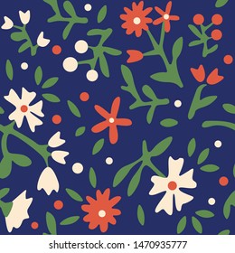 Retro floral seamless vector pattern. Repeating pattern with red and white flowers on dark blue background inspired by mid 60s calico textiles. Perfect for backgrounds, cards, wrapping paper, fabric.