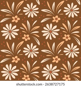 Retro floral seamless vector pattern on brown background, colorful design for textile print, wallpaper, decor, packaging.