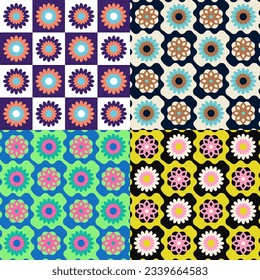 Retro floral square background granny style. Crocket knitted plaid seamless pattern patchwork flowers.