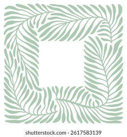 Retro floral square frame or cover. Botanic design elements in wavy and naive style. Boho palm leaves branches print for vintage poster, social media, packaging or greeting card. Vector illustration