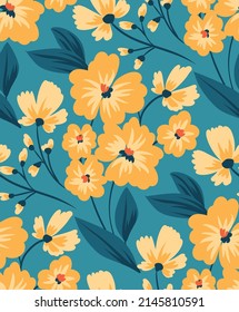 Retro floral surface design. Beautiful floral print, seamless pattern with hand-drawn yellow flowers, leaves on a blue background. Vector illustration.