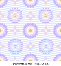 Retro floral symbol seamless pattern. Geometric  graphic design on wavy white and pastel blue background. Clean and stylish vector illustration. Textile, nursery fabric. Wall, file, surface pattern.