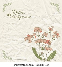Retro floral template with place for text red flower green leaves on wrinkled paper vector illustration